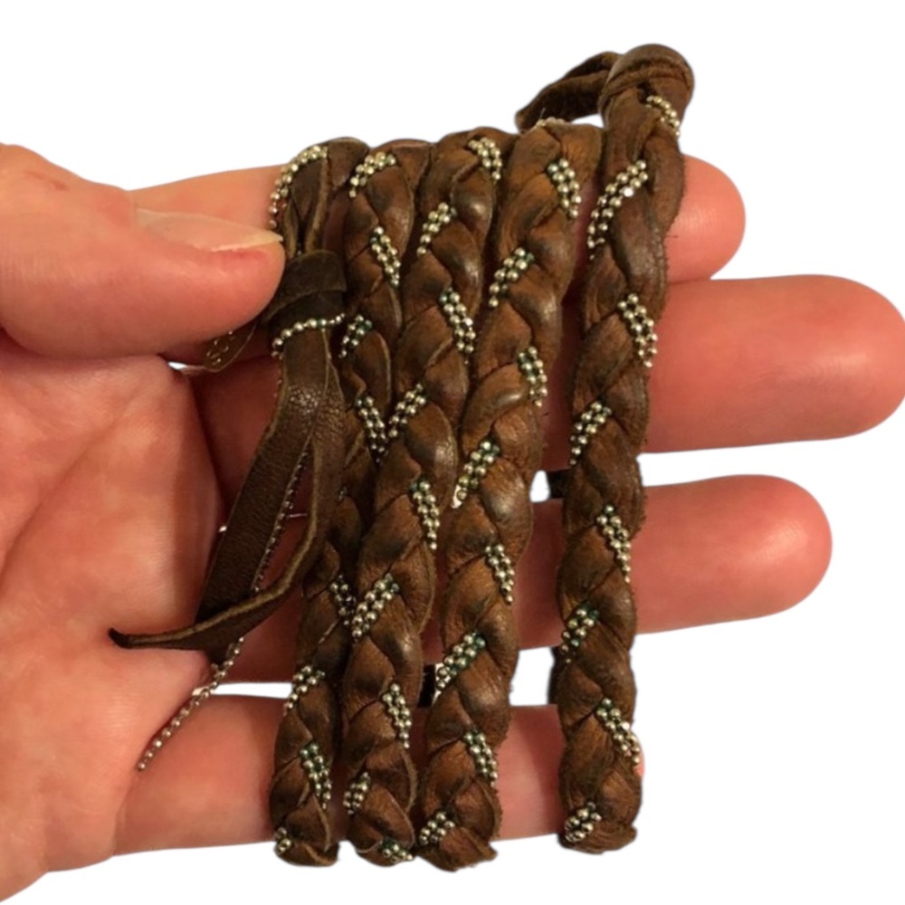 Y2K VTG Sogoli Brown Leather Braided Wrap Bracelet Necklace Gold Ball Chain Boho